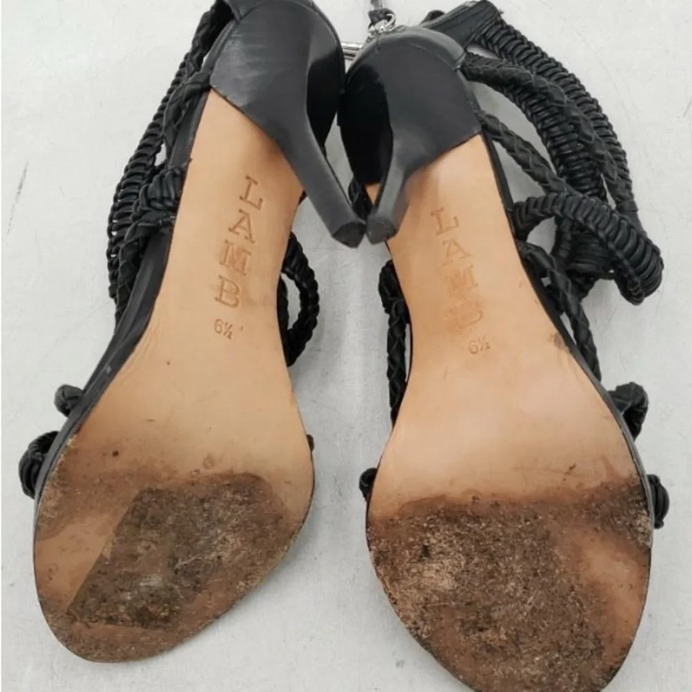 L.A.M.B., size 6.5, Black Woven Strappy Heels - Picture 3 of 8
